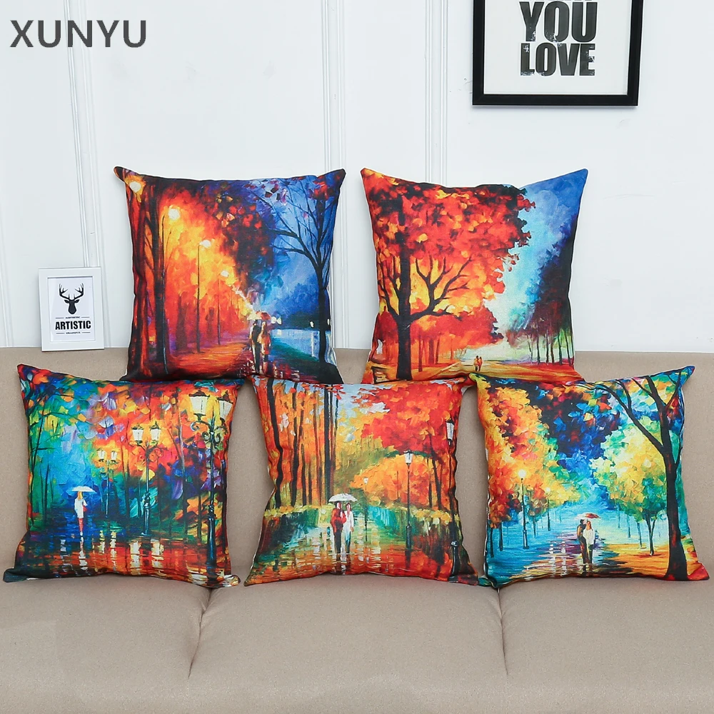 

XUNYU European Style Oil Painting Landscape Pattern Linen Pillowcase Printing Cushion Cover Home Sofa Square Throw Pillow Cover
