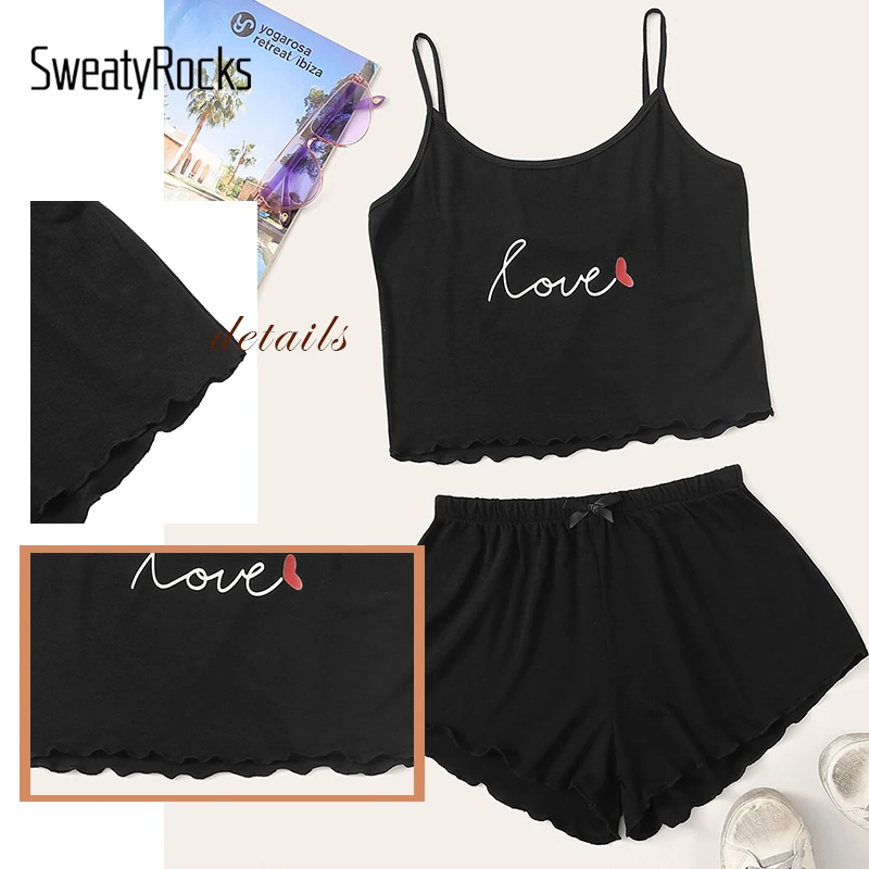 SweatyRocks, пижамный комплект с буквенным принтом, подол салата, каваи, пижама без рукавов, женские короткие комплекты, летние повседневные Черные пижамные комплекты