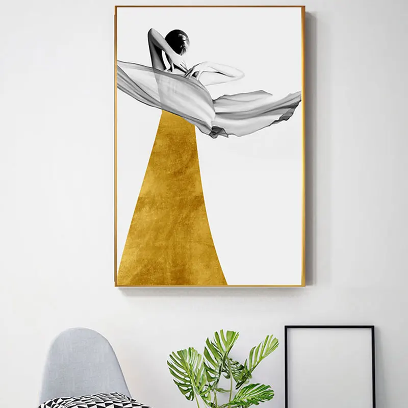 Модное настенное искусство Cadro абстрактное желтое платье Великолепная девушка