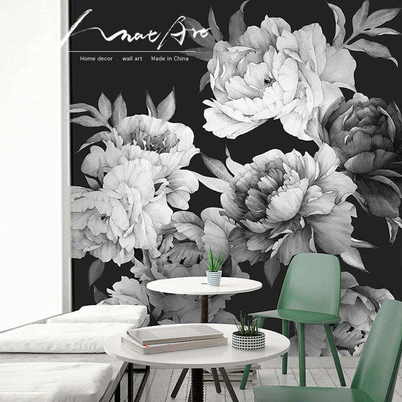 

Floral sticker Black and white watercolor modern home decor diy art wall decorations living room mural Peony Wallpaper Removable