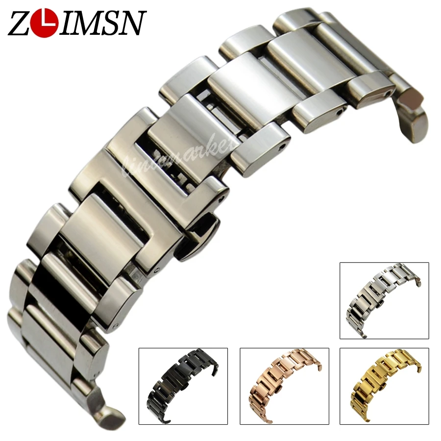 

ZLIMSN Stainless Steel WatchBands Black Rolse Gold Silver Women Mens Bracelet Watch Strap 18mm 20mm 22mm relogio Replacement S17