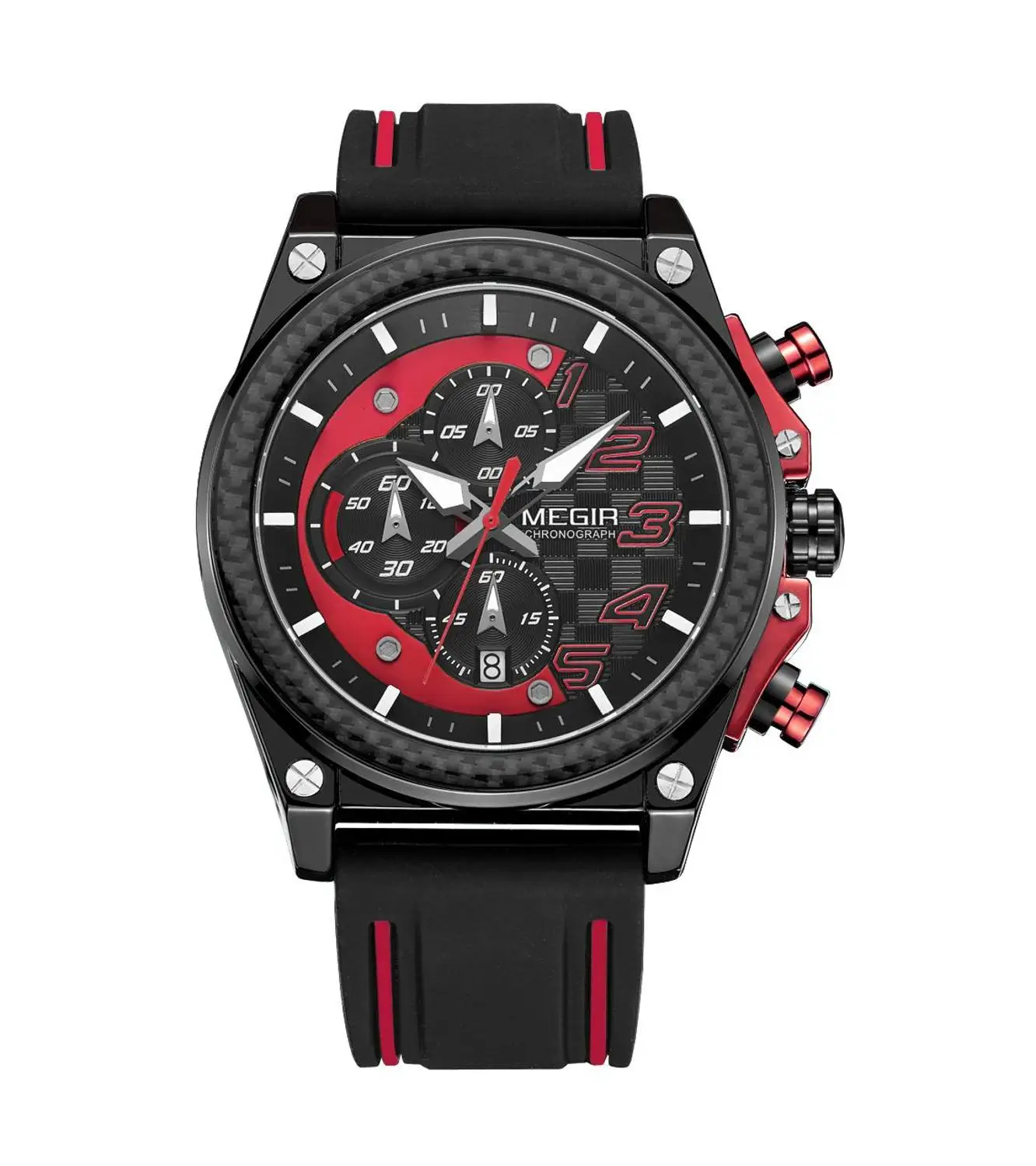 Red MEGIR Watch Men Sport Watches Army Top Brand Waterproof Auto Date Chronograph Luminous Hand Fashion Military Clock Montre Homme - Color: Red