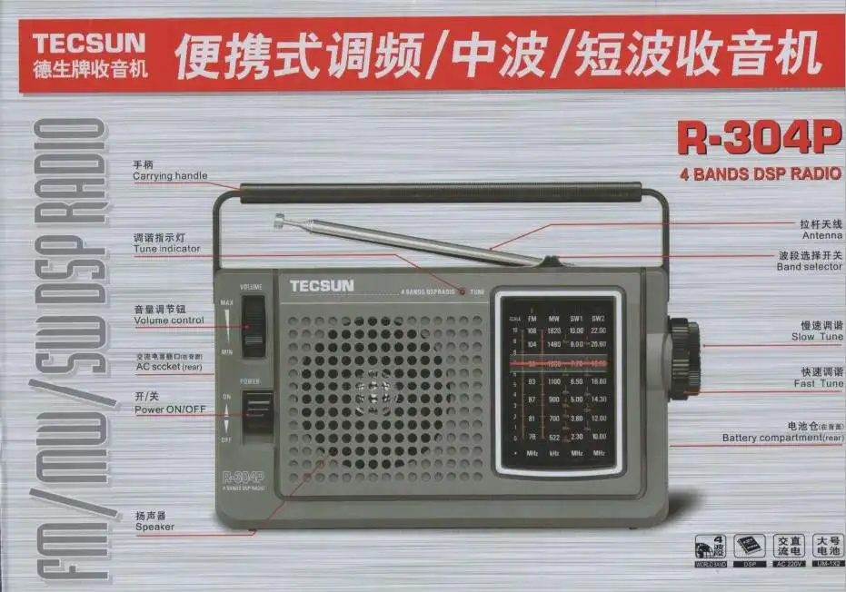 TECSUN R 304 304P Высокая чувствительность FM радио MW/SW радиоприемник встроенный Динамик
