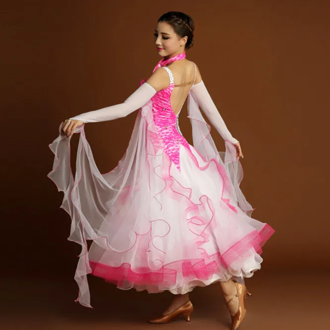 

Newest Pink+White Lace Splicing Expansion Long Dress,Women Standard Ballroom/Tango/Waltz/Modern Dance Stage Competition Costume