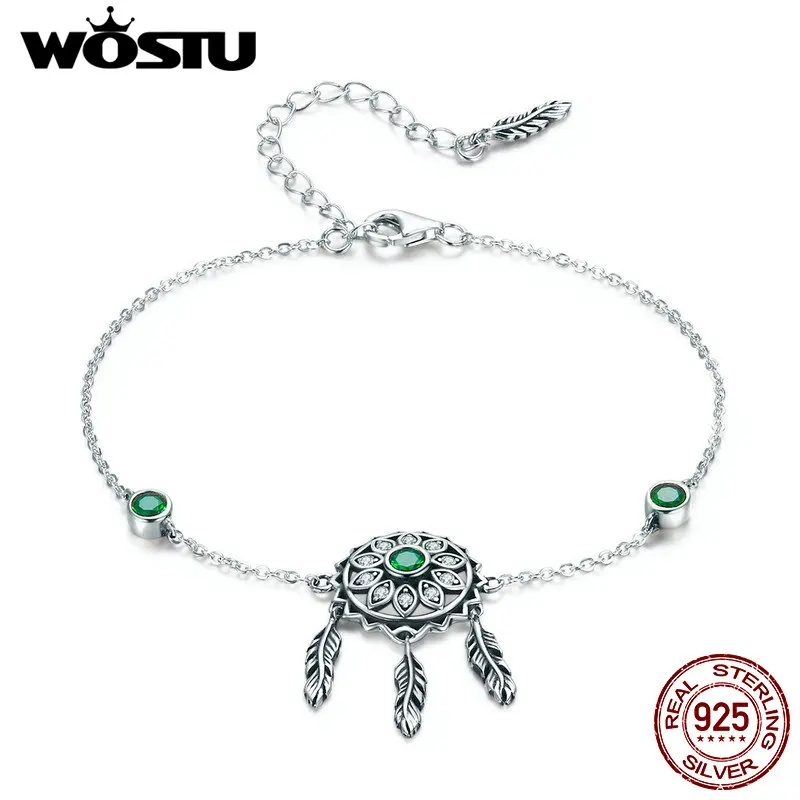 WOSTU New Design 925 Sterling Silver Green Dreamcatcher Chain &amp Link Bracelets For Women Original Authentic Jewelry Gift FIB078 |