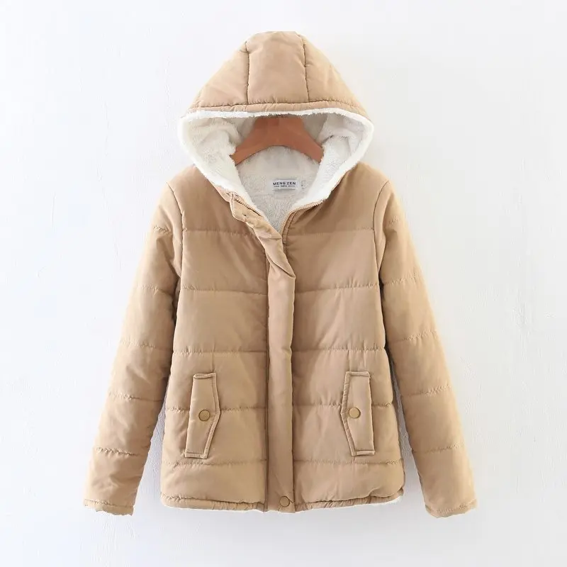 Однотонные утолщенные теплые короткие хлопковые пальто с капюшоном женские в