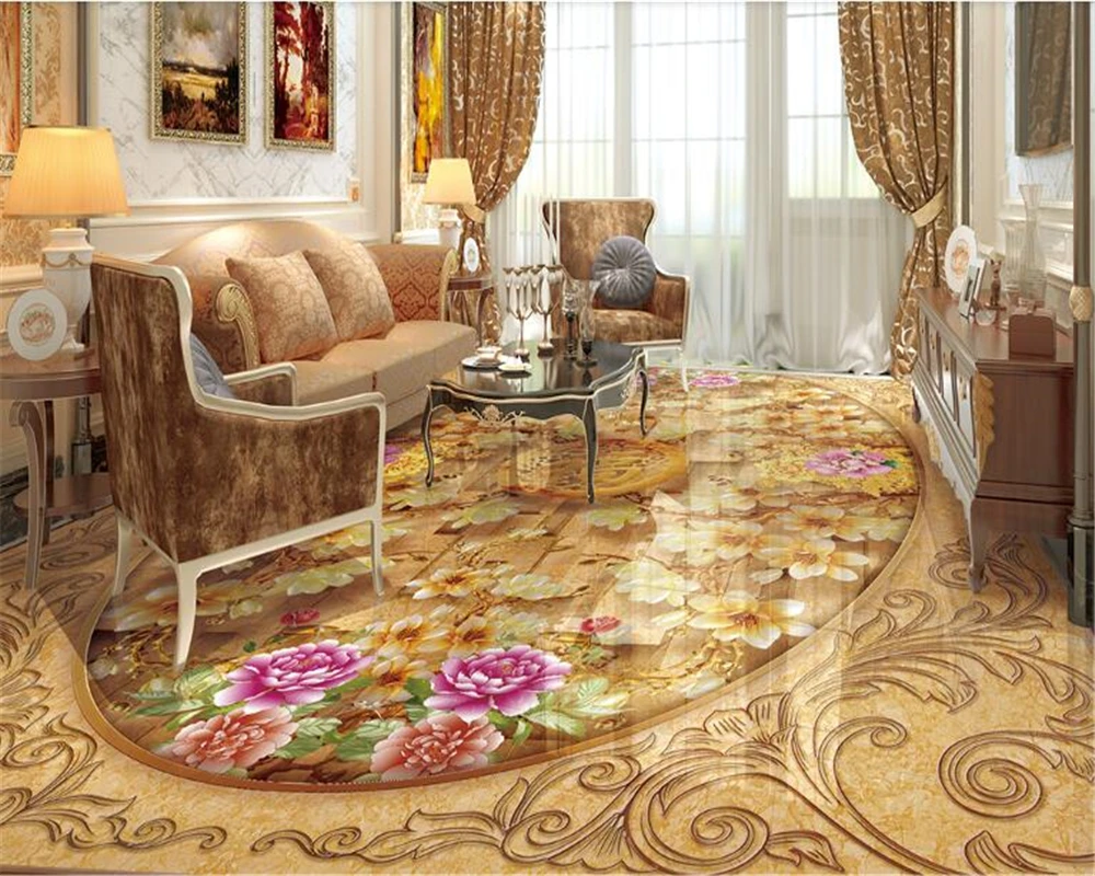 

beibehang Custom waterproof self-adhesive wallpaper rich color carved peony 3D floor tiles wall paper for kids room 3d wallpaper