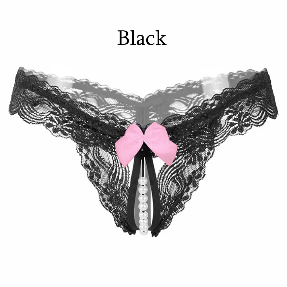 black Высококачественные сексуальные женские стринги, женские трусики с жемчужинами, кружевной бант, Эротические трусики, Прозрачное нижнее белье - Цвет: black