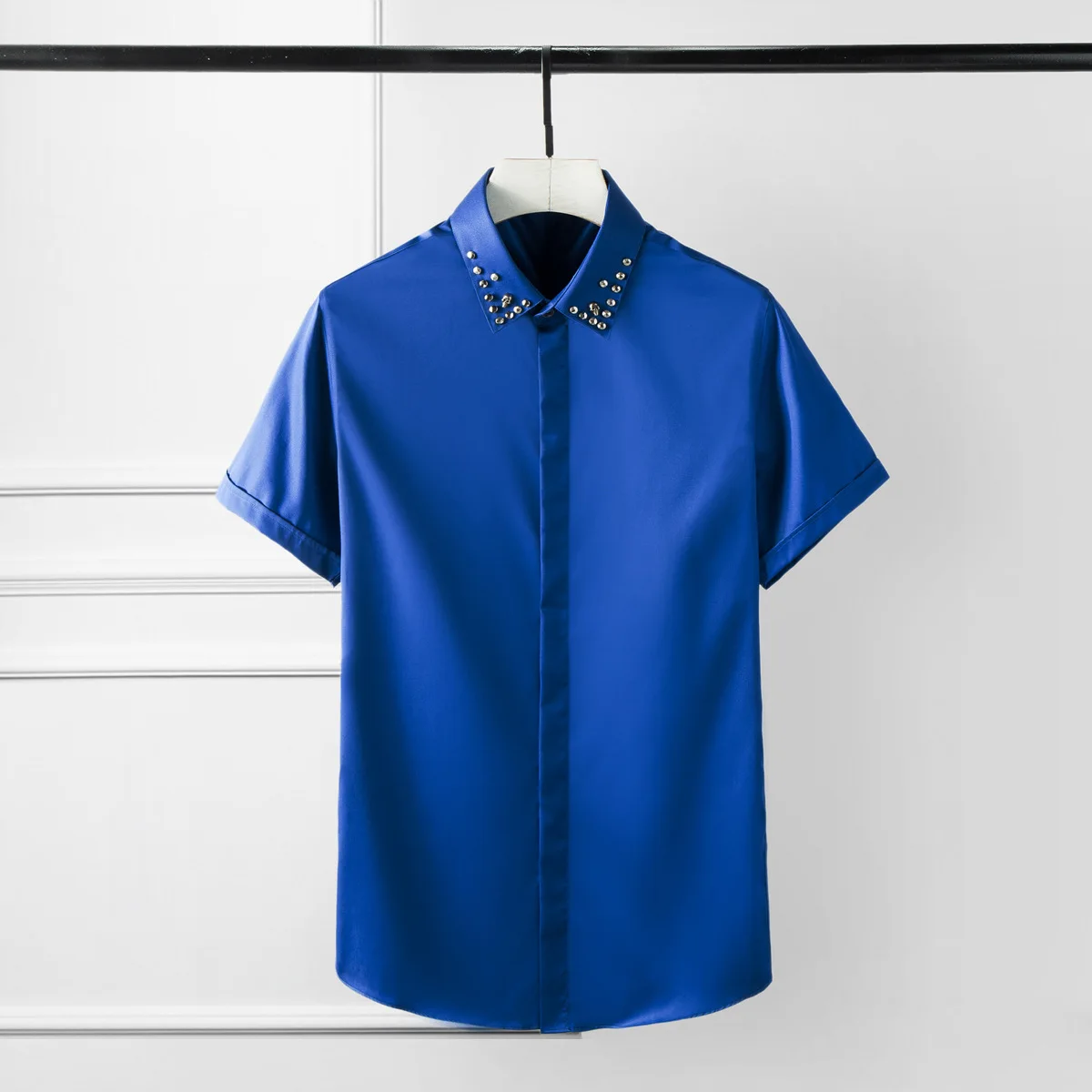 Summer Mens Shirts Luxury Skull Rivet Solid Color Short Sleeve Dress Plus Size 4xl Party Night Club Slim Shirt Man | Мужская одежда