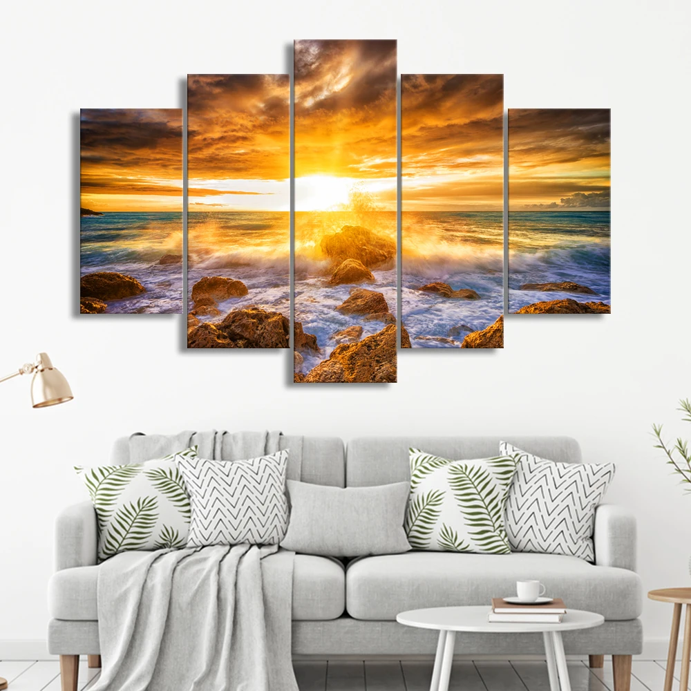 5 Pieces Modern Wall Art Canvas Unframed Modular Sunrise Panel Print Painting Decorative Sunset Seascape Picture Home Decor | Дом и сад