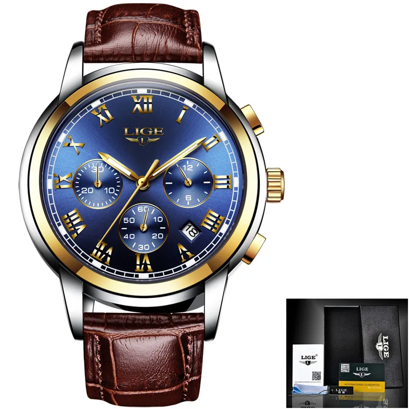 leather gold blue LIGE модные брендовые мужские часы s многофункциональные водонепроницаемые кварцевые часы мужские военные спортивные наручные часы Мужские часы Relogio Masculino - Цвет: leather gold blue