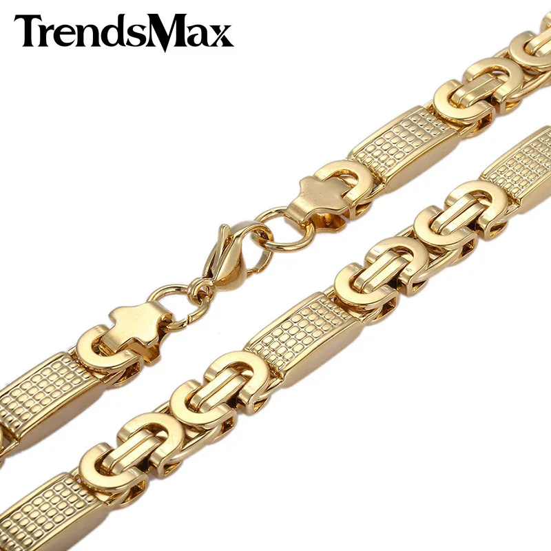 Trendsmax настроить любую длину 8 мм Золотой Цвет Плоский византийский звено из нержавеющей стали ожерелье мужской браслет-цепь KN275 KB403