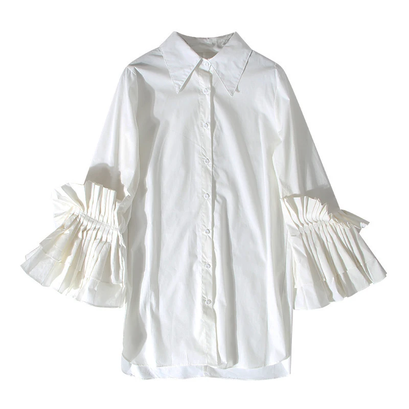 Женская плиссированная рубашка средней длины с расклешенными рукавами блузка