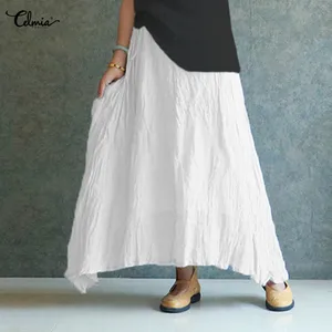 Женские Винтажные льняные юбки Celmia, повседневные свободные однотонные длинные юбки с эластичным поясом, пляжные плиссированные макси-юбки размера плюс, лето 2020