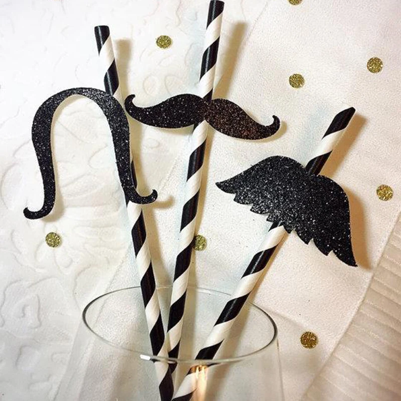 

36pcs/set Hen Do Party Decorations Mustache Paper Straws Black White Striped Drinking Straws Baby Shower Party Supplies ST013