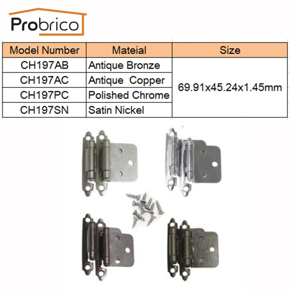 Probrico 20 пар самозакрывающаяся дверная петля для шкафа кухонный шкаф флеш-шарнир антикварная мебель Hardwares
