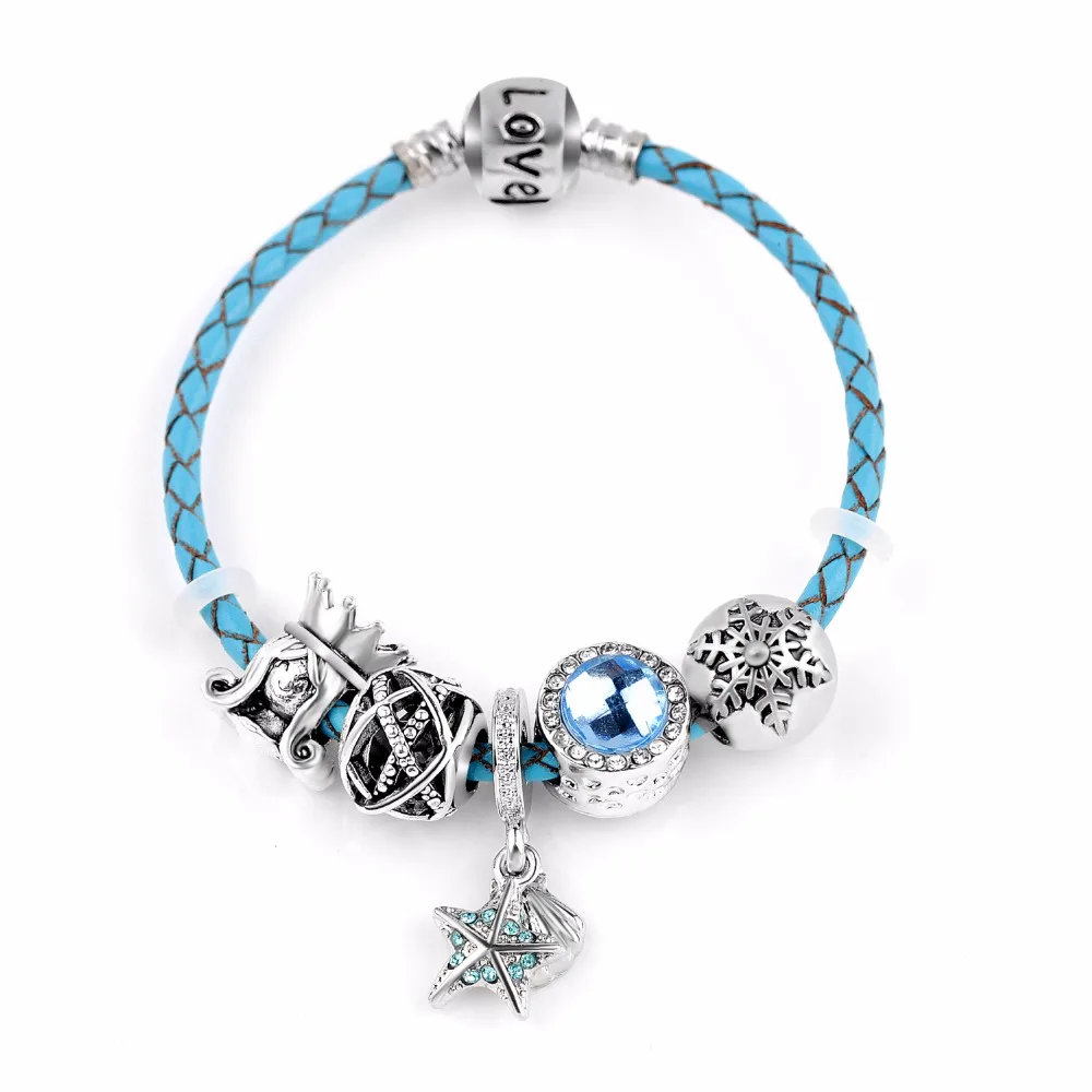 Женский браслет из натуральной кожи с серебряным покрытием и бусинами |