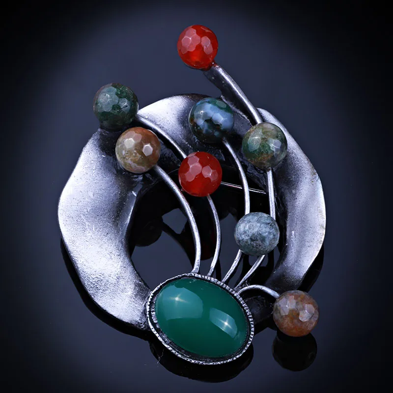 

Unique Design Black Metal Brooches For Women Colorful Natural Stone Bouquet Brooch Safety Pins Vintage Jewelry