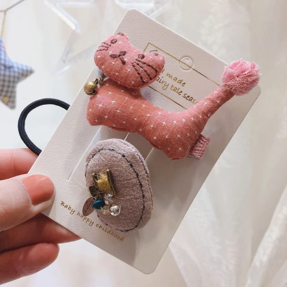 Корейское хлопковое с мультяшным котом, сладкое сердце, аксессуары для волос для девочек, заколки для волос, эластичная резинка для волос, заколка для волос, комплект принцессы