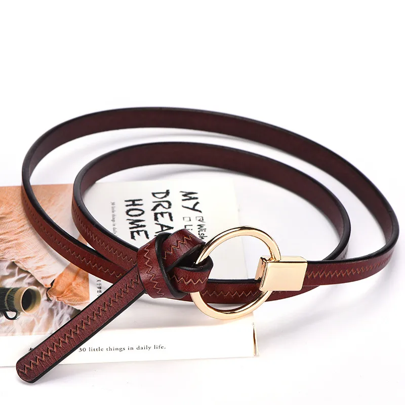 Ремень из натуральной коровьей кожи Женский модный тонкий пояс с круглой пряжкой