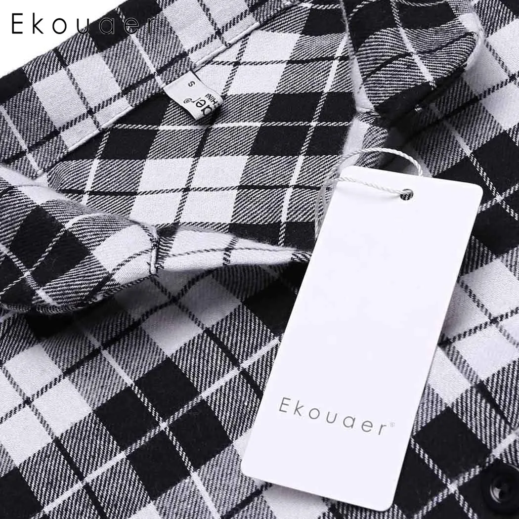 Женская ночная рубашка с длинным рукавом Ekouaer клетчатая Ночная на пуговицах для