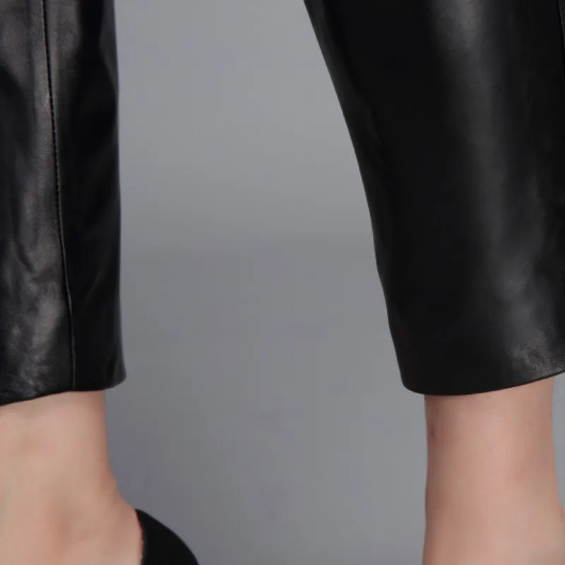 

High Quality 2021 New Straight Female Trousers Genuine Leather Casual Streetwear Pencil Pants Woman Mid Waist Ankle Length Pant