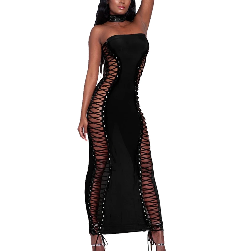 Летнее женское сексуальное платье макси на шнуровке черное готическое длинное