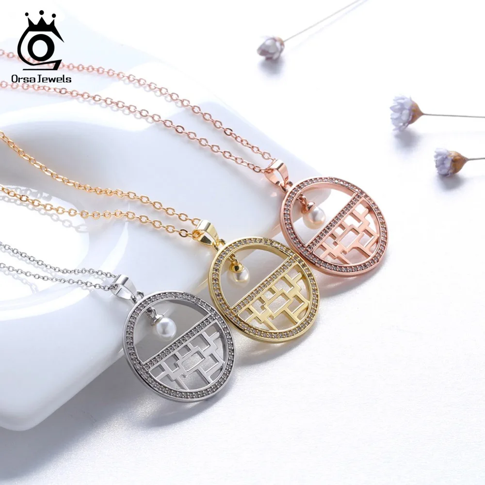 ORSA JEWELS, ожерелье для женщин, Китай, цветочный узор, окно, выдолбленный, с настоящим жемчугом, AAA CZ, женские свадебные украшения ON152