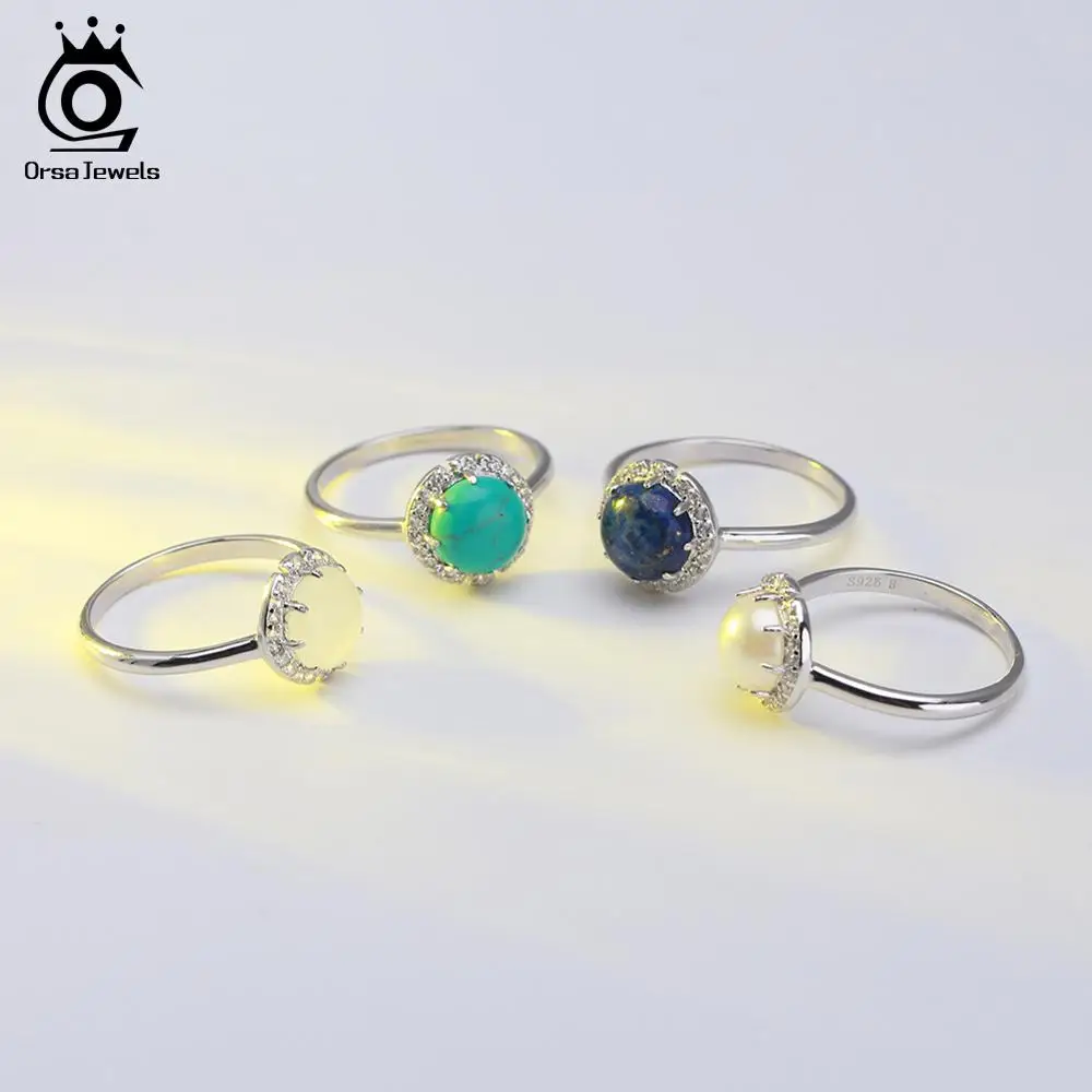 ORSA JEWELS 925 пробы Серебряный женский ювелирный набор, натуральные кольца+ серьги-капли, полудрагоценный камень, подарок на свадьбу, вечеринку, OSS31