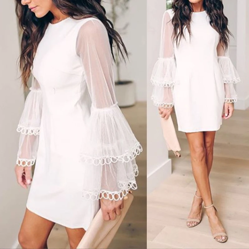 Женское газовое платье с рукавами-колокольчиками короткое летнее для вечеринки |