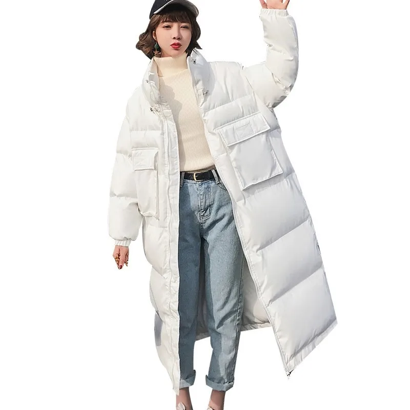 Women Winter Down Cotton Parkas White Warm Thicken Coat 2018 Fashion Padded Long Jacket Casual Pockets Female Overcoat PJ309