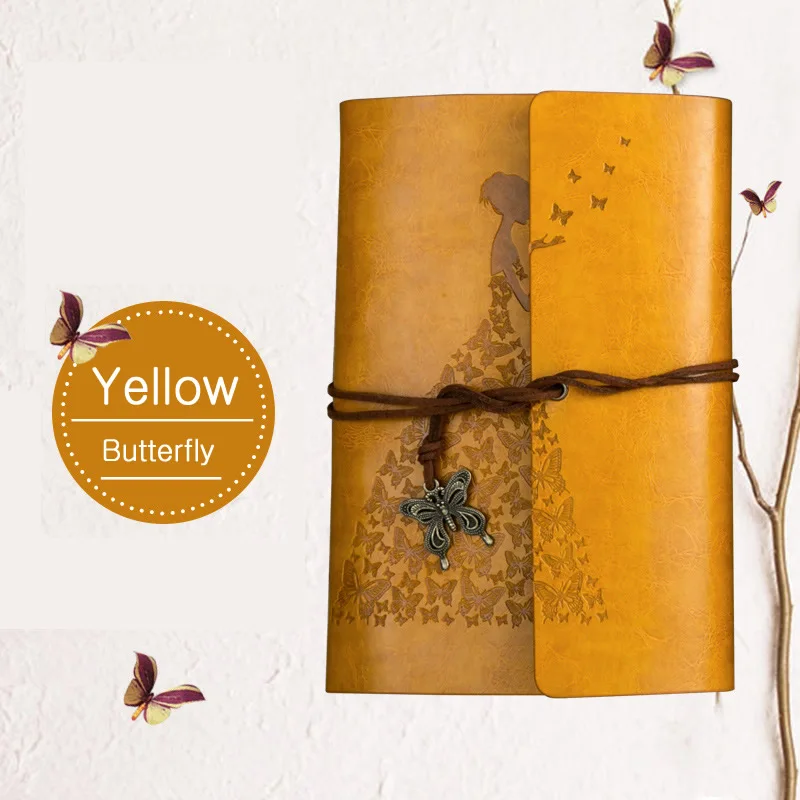 ButterflyYellow Записная книжка для путешественников, дневник, блокнот, винтажный блокнот, искусственная кожа, А6, записная книжка, канцелярские принадлежности, подарок для путешественника, журналы планирования - Цвет: ButterflyYellow
