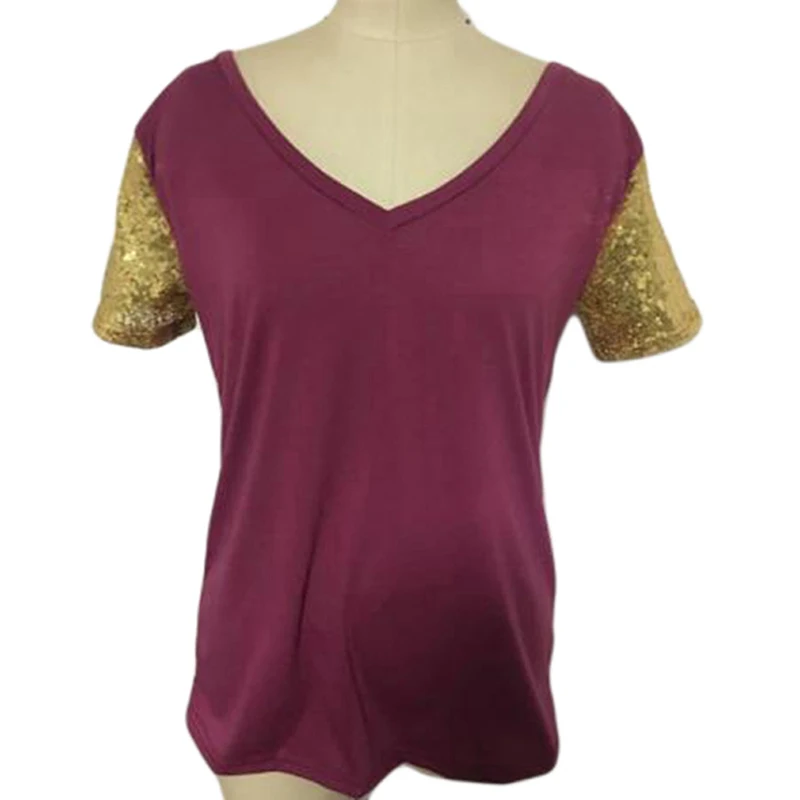 Женские летние блузки с коротким рукавом 2019 v образным вырезом блестками