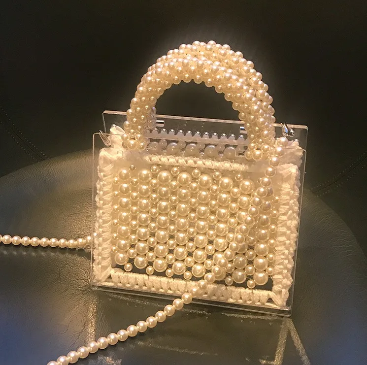 white Перламутровая сумка, прозрачная акриловая коробка с бусинами, сумка для женщин, вечерние сумки в винтажном стиле, летняя Роскошная брендовая белая розовая сумка - Цвет: white