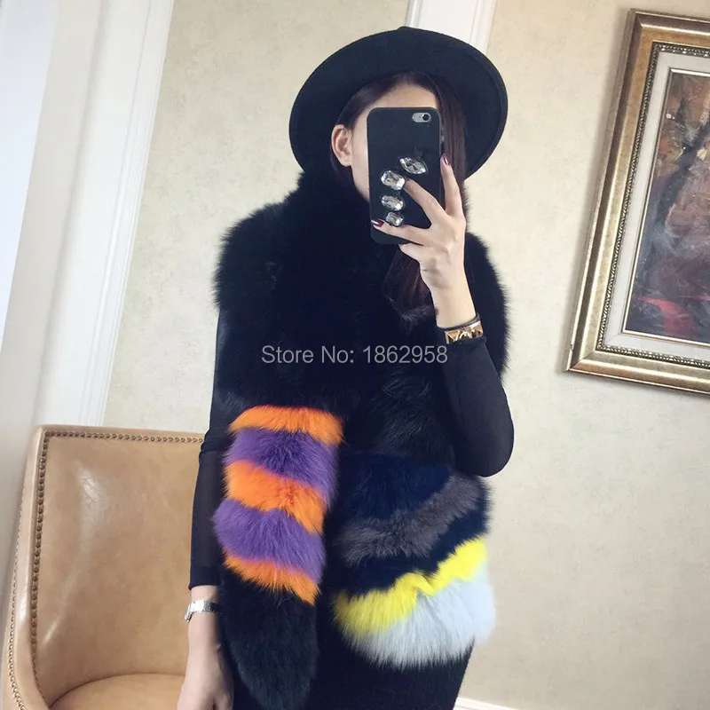 Женский длинный шарф с хвостом подиумный зимний теплый из натурального Лисьего