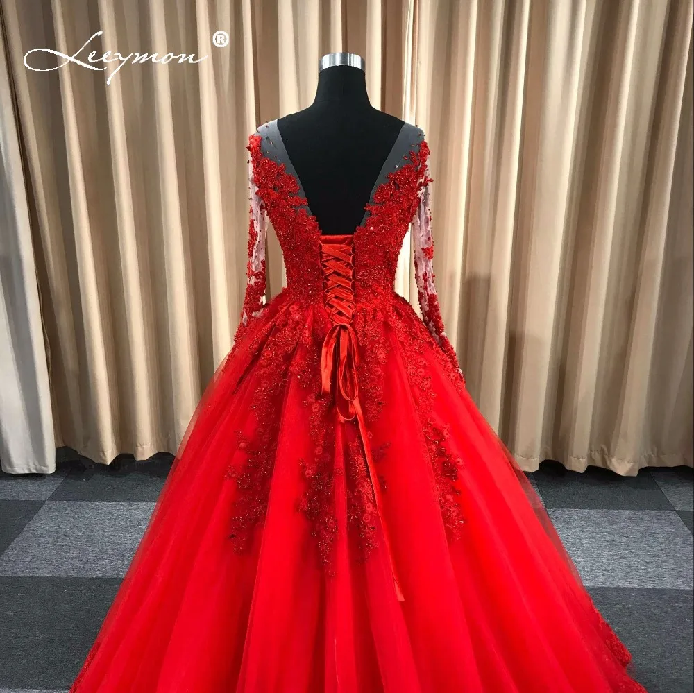 Leeymon красное свадебное платье с длинными рукавами кружева 2019 Sheer Backless Robe de Mariage