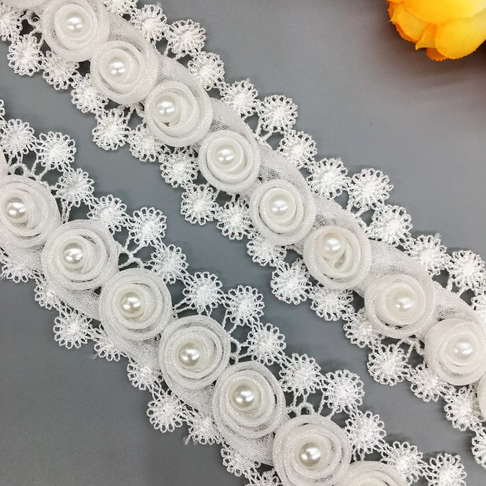 2 ярда ресниц с цветами роз и жемчугом кружевной отделкой ленты ткань вышитая