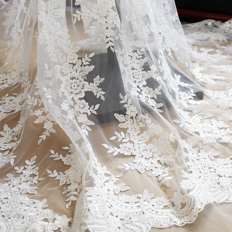 

130cm*1yard Luxury embroidered lace fabric for wedding dress French african tulle laces fabrics applique off white 2018