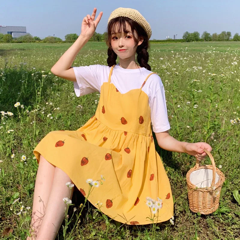 Новые летние милые платья в японском стиле для женщин, Kawaii, клубничный принт, короткий рукав, поддельные два предмета, платье для девочек, милое платьице