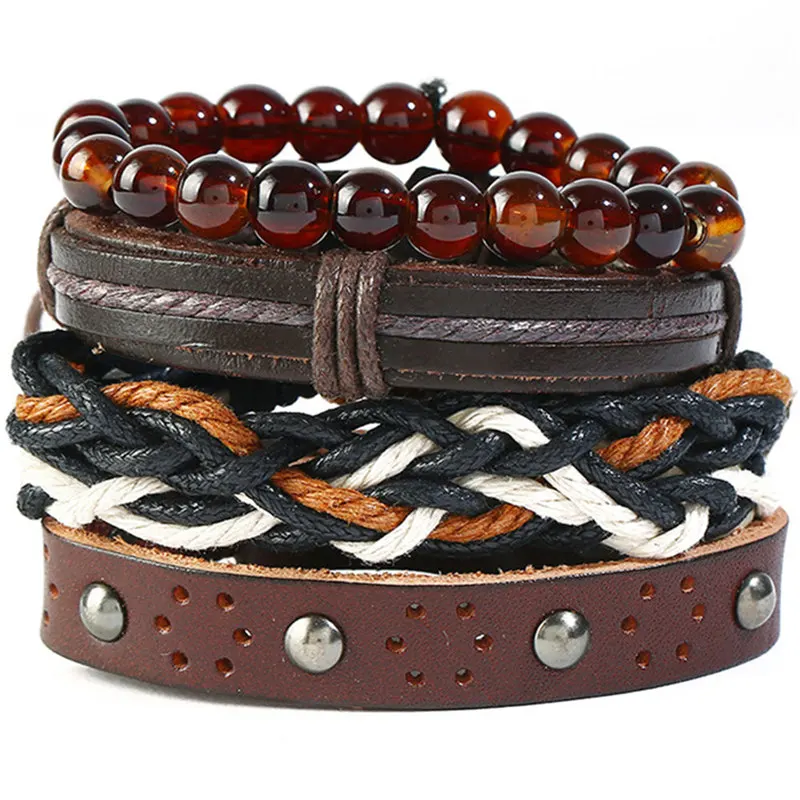 Плетеные мужские и женские браслеты из кожи с деревянными бусинами | Украшения