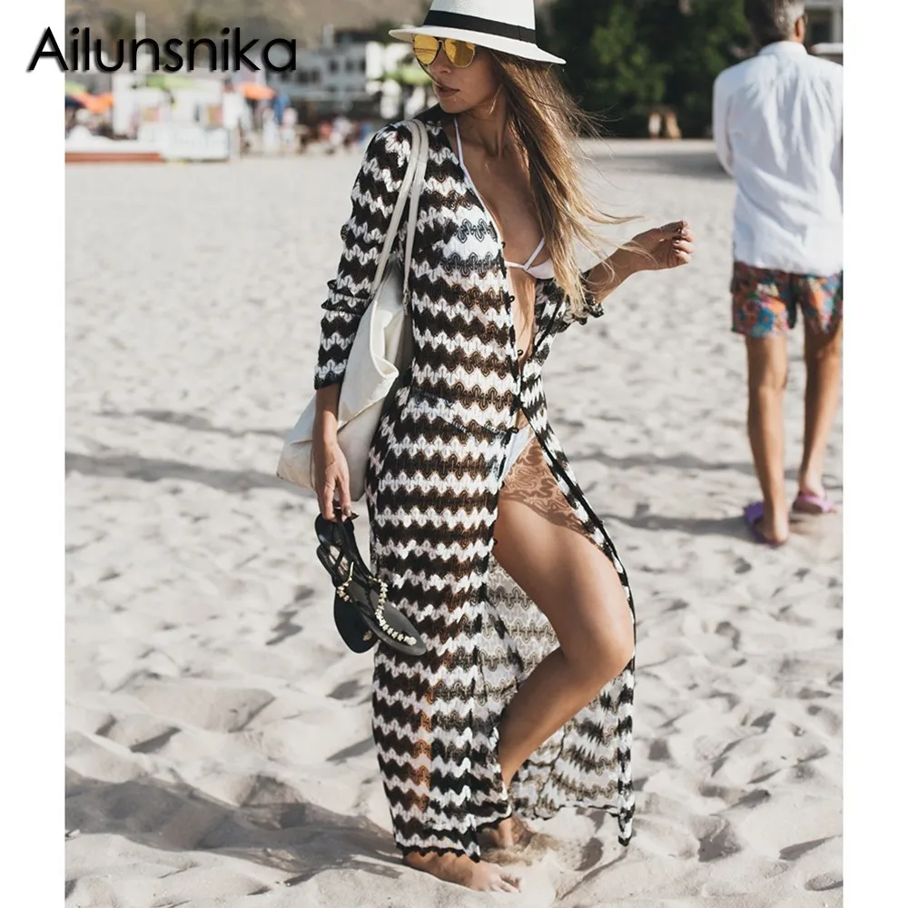 Ailunsnika Для женщин Sexy V шеи черный и белый полоса кружева выдалбливают три четверти