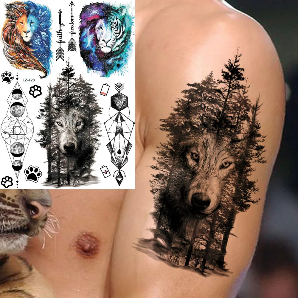 

YURAN Forest Wolf Galaxy Tiger Arm Self Adhesive Tattoos Temporary Body Art Drawing Tattoo Temporary Men Geometric Planet Tatoos