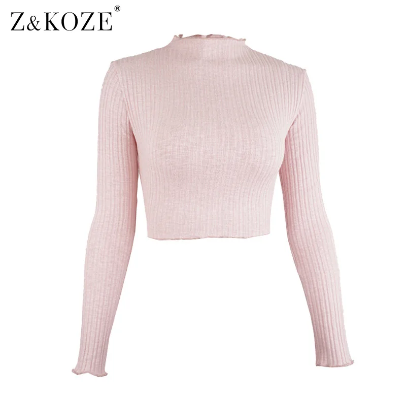 Z & koze Для женщин осень Ruffled Водолазка укороченная Футболки с длинным рукавом