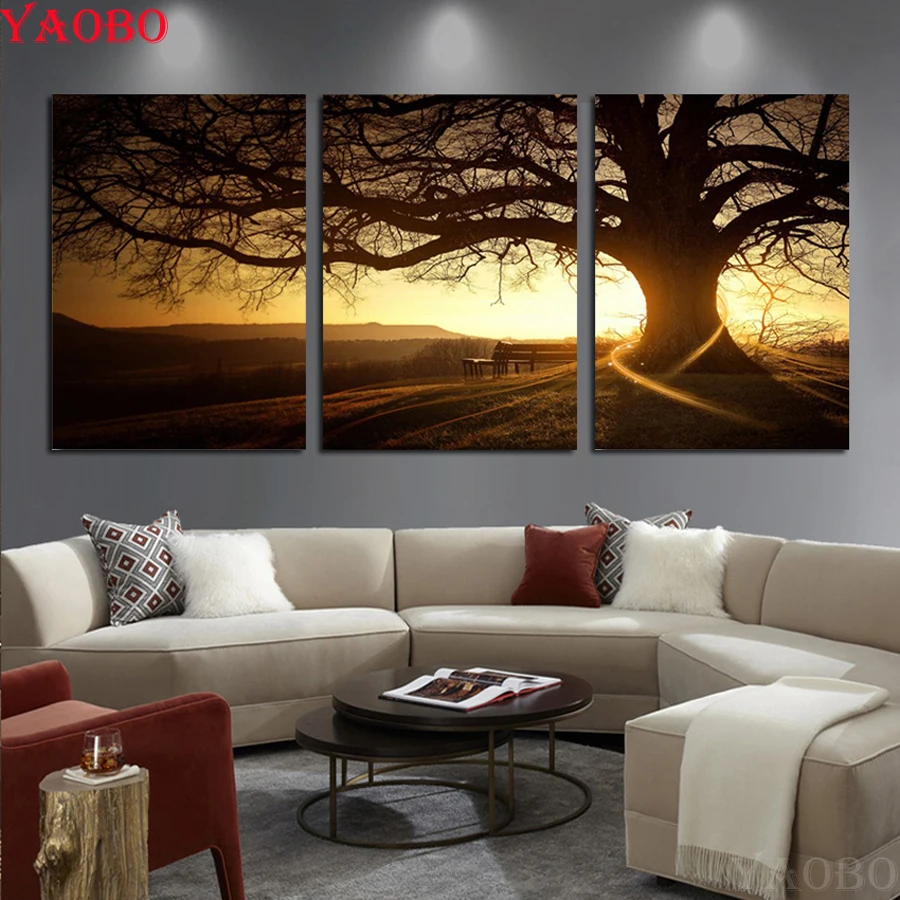 

Photo Custom!5D DIY Diamond Painting!3pcs/set Tree Sunset landscape Diamond mosaic Full square round Diamond Embroidery pattern