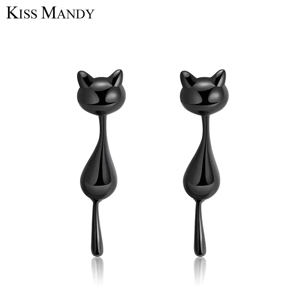 Kiss Mandy 925 пробы серебряные серьги для женщин яркий черный пистолет цвет кошка эмаль дизайн Девушка Вечерние ювелирные - Окраска металла: SE90