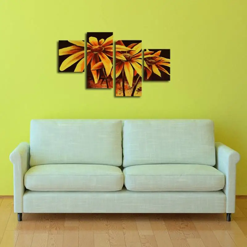 

Hand Painted Canvas Oil Painting Beautiful Yellow Flower Wall Art Decorative Picture Abstract 4 Panel Sunflower for Home Decor