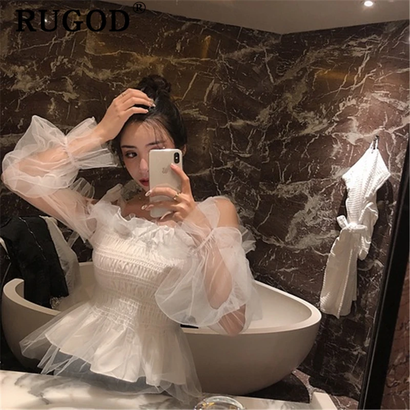 RUGOD корейские шикарные кружевные сетчатые блузки женские элегантные летние вечерние кружевные рубашки с открытыми плечами женские модные топы с оборками