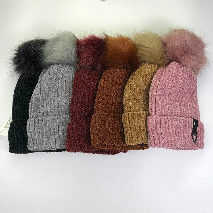

New Winter Hats For Women Chenille Velvet Thickened Knitted Hat Girls Outdoor Casual Warm Ear Protector Caps Hair Ball Beanies