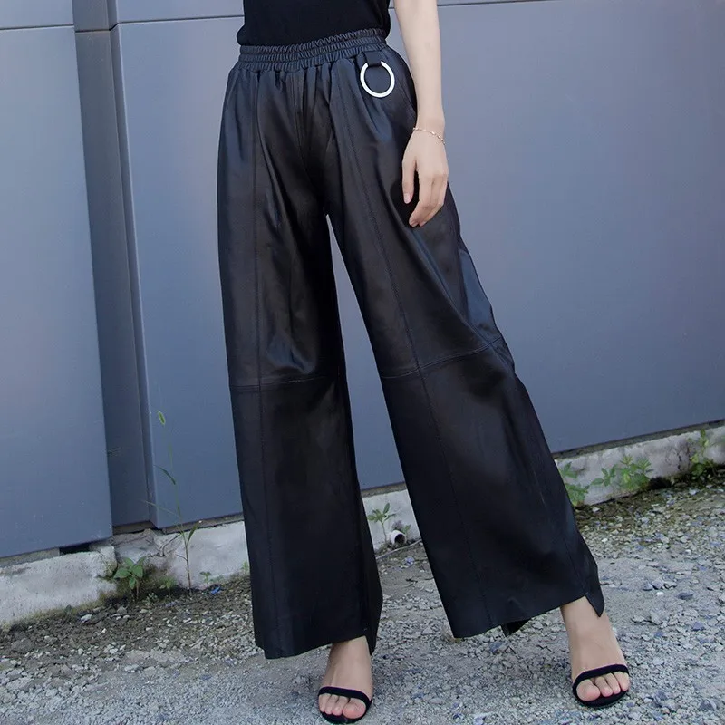 Женские широкие брюки из натуральной кожи черные свободные шкуры ягненка с