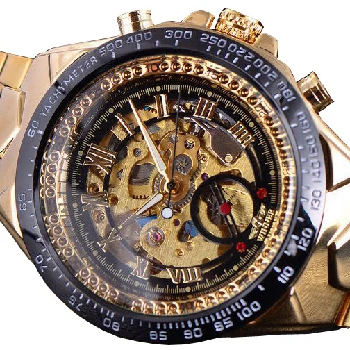 Gold black WINNER мужские золотые часы с ремешком из нержавеющей стали, автоматические механические часы, мужские наручные часы с скелетом, роскошные Брендовые спортивные часы - Цвет: Gold black